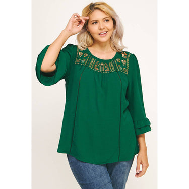 PLUS SIZE EMERALD RUFFLE BLOOM EMBROIDERED BLOUSE